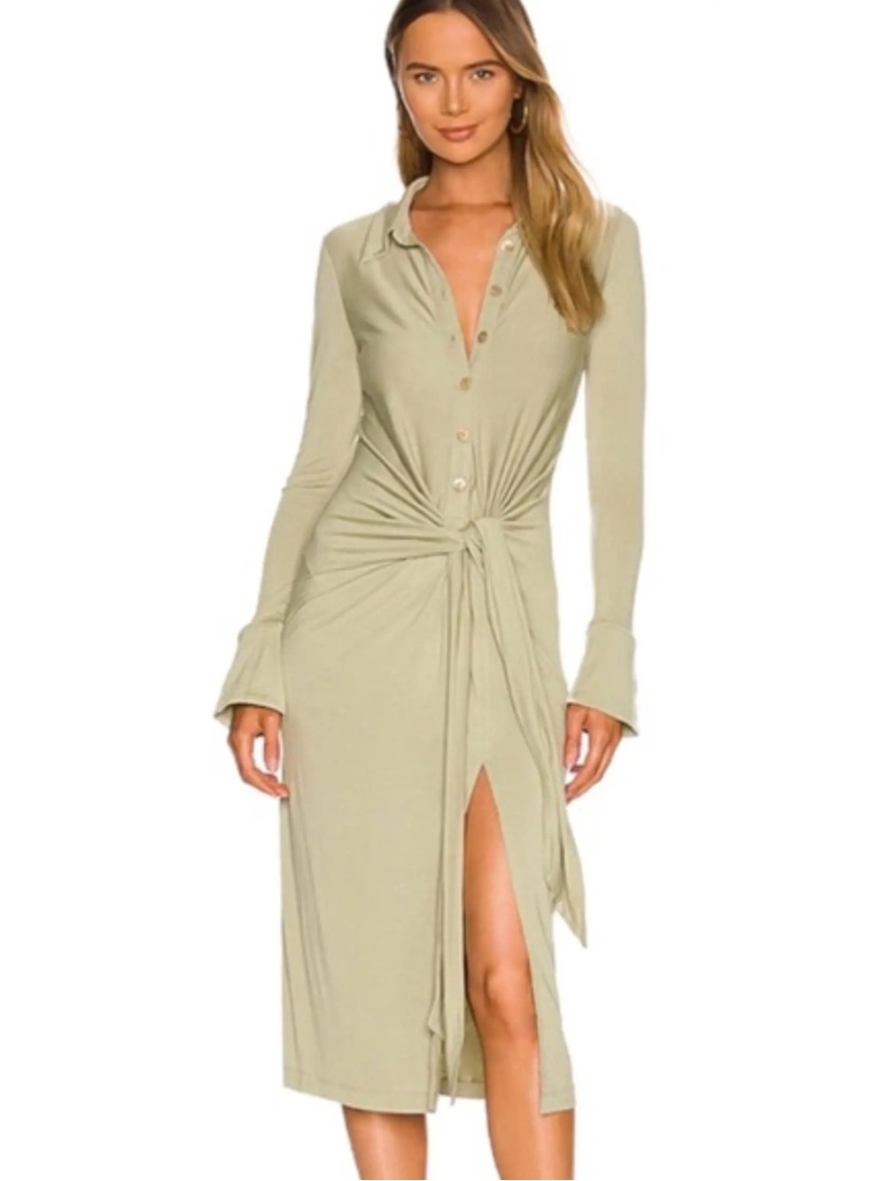 Song of Style Long Sleeve Tie-Waist Midi Dress in Sage